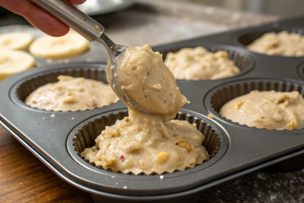 Scooping high protein banana muffin batter into a muffin pan