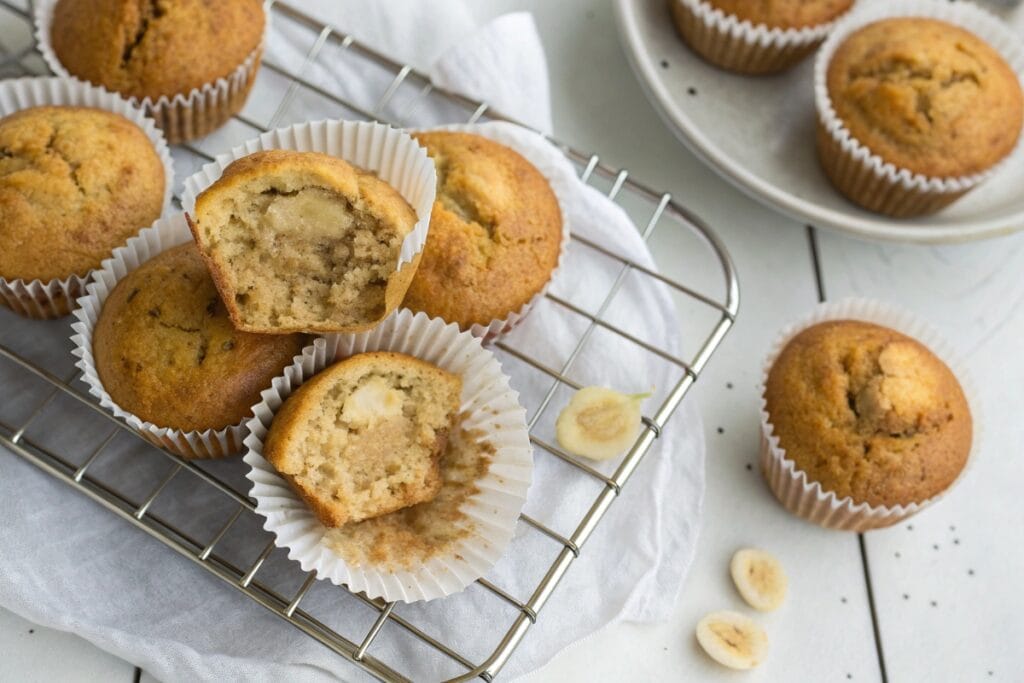 High protein banana muffins on a cooling rack
