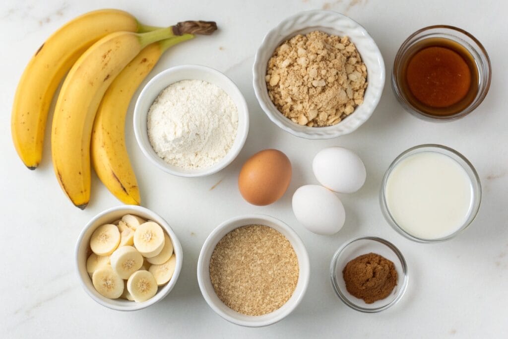 Ingredients for high protein banana muffins on a counter