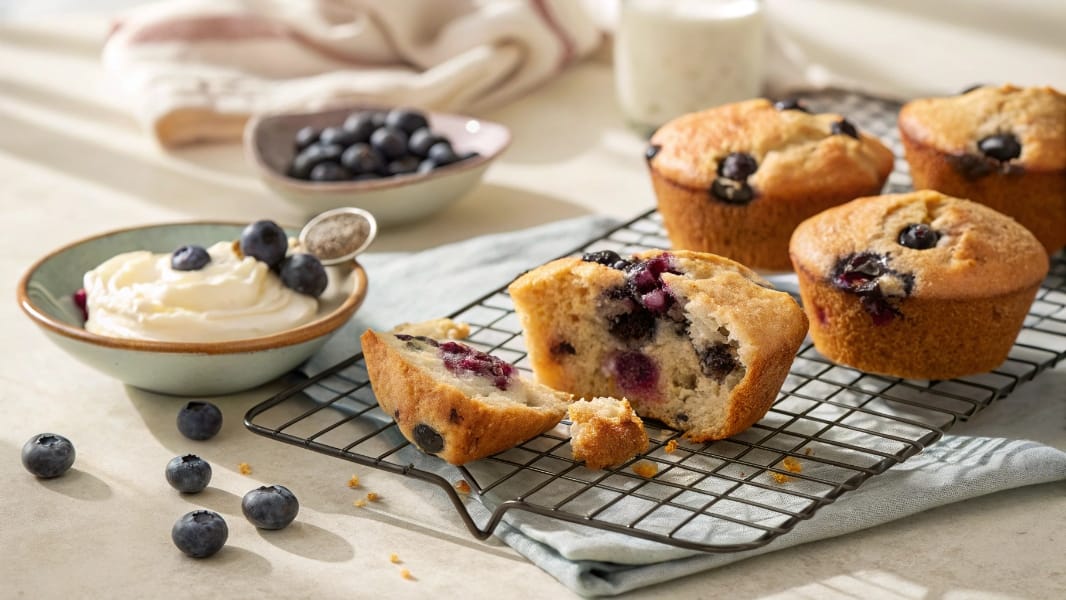 High protein blueberry muffins with blueberries and Greek yogurt on a cooling rack