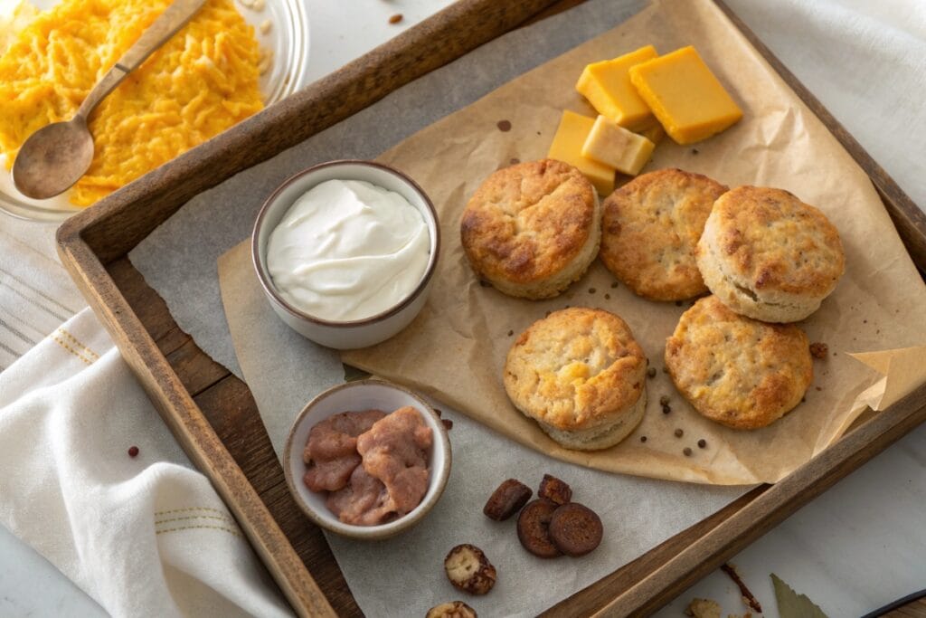 High protein breakfast biscuits with Greek yogurt on a tray