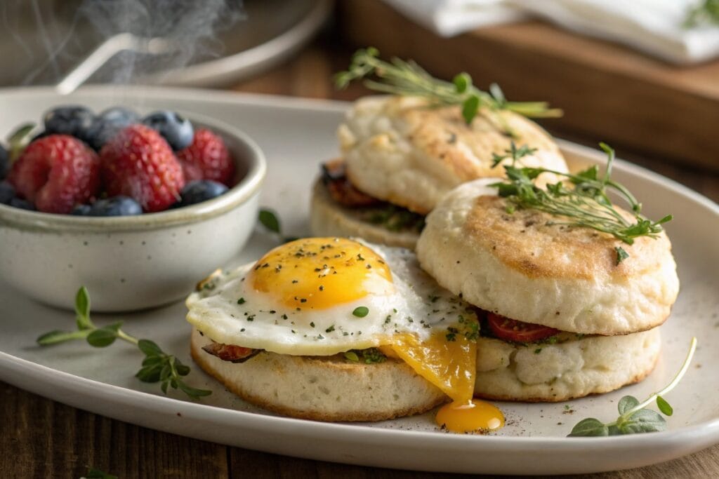 High protein breakfast biscuits served with egg and berries
