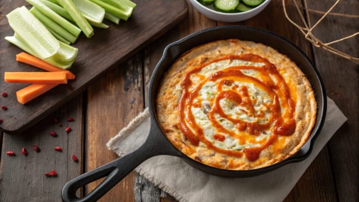 High protein buffalo chicken dip in a skillet with veggie dippers
