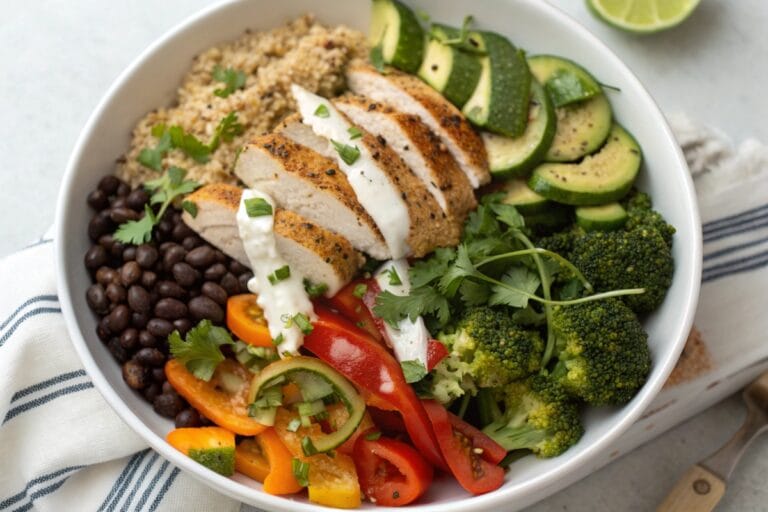 High protein chicken veggie power bowl with beans and quinoa