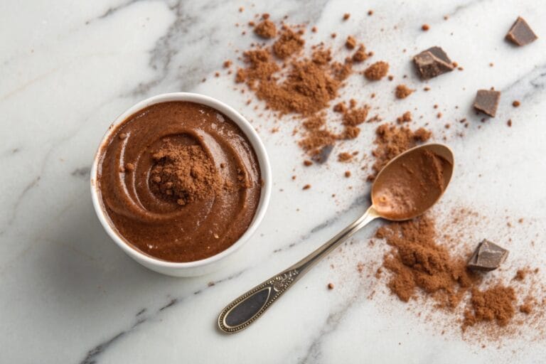 High protein chocolate mousse in a glass dessert cup
