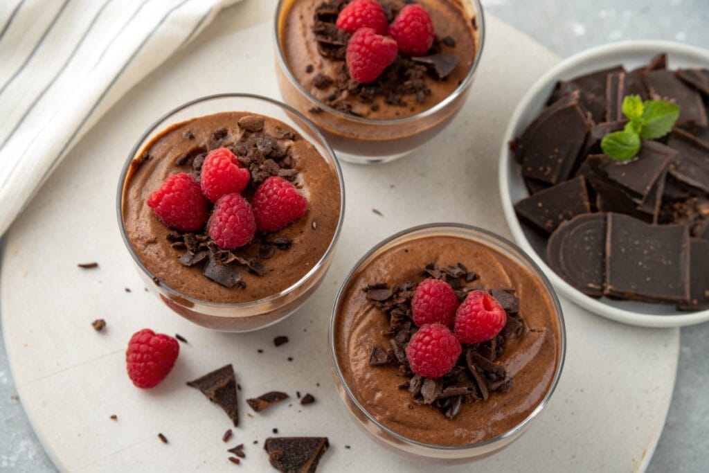 High protein chocolate mousse topped with fresh berries