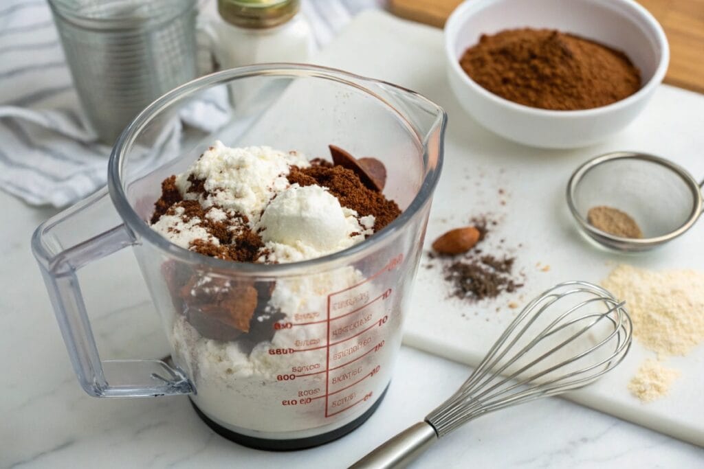 Ingredients for high protein chocolate mousse in blender