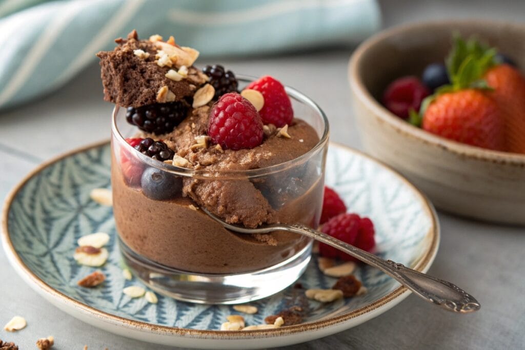 Single serving of high protein chocolate mousse on a plate