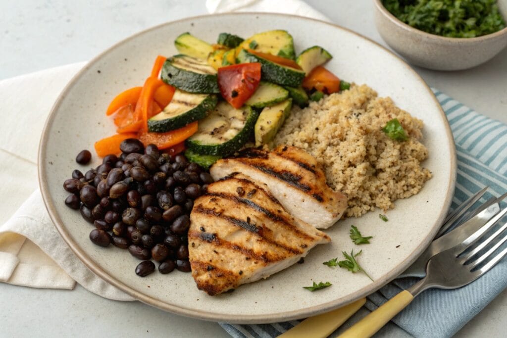 the best hign protien foods, High protein dinner plate with chicken, vegetables, and beans