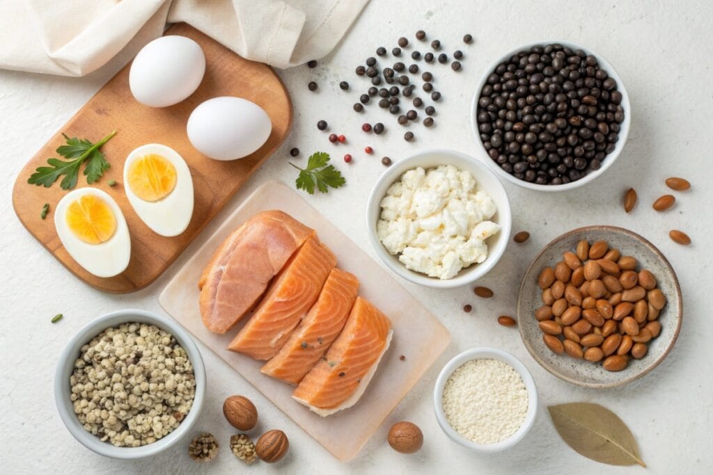 Variety of high protein foods on a light background