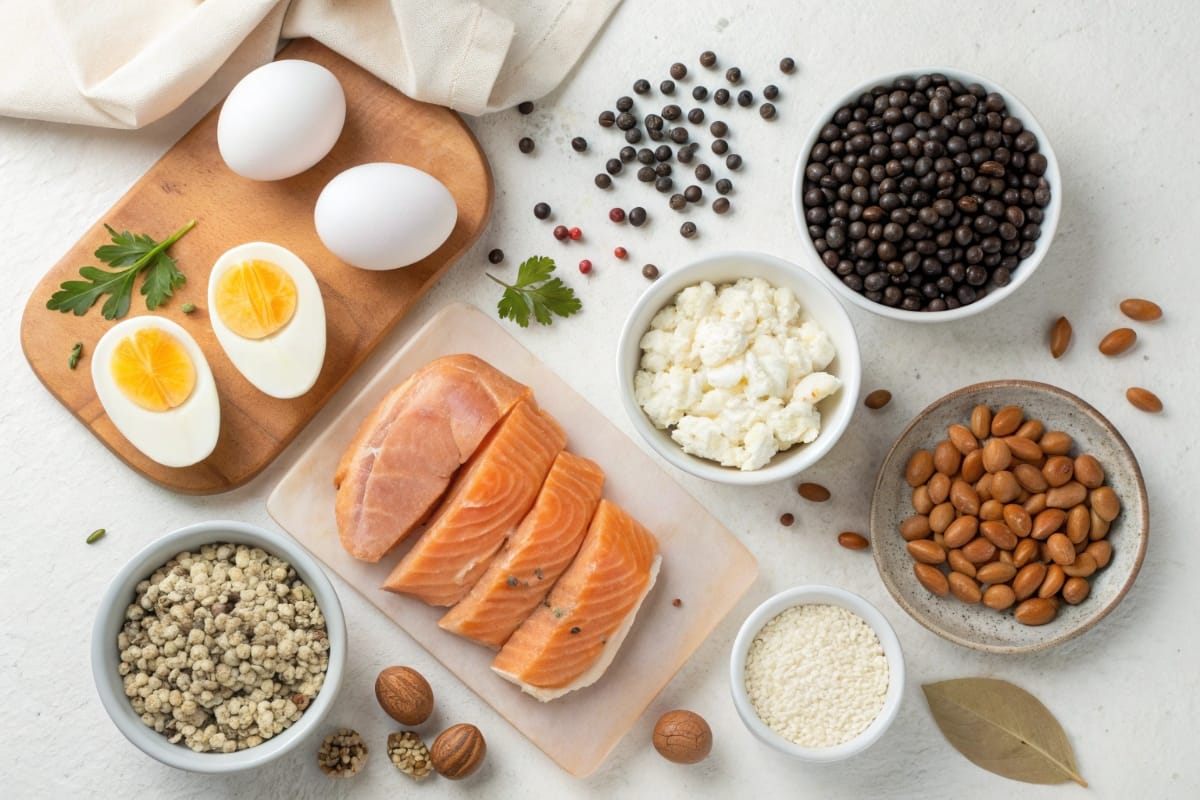 Variety of high protein foods on a light background