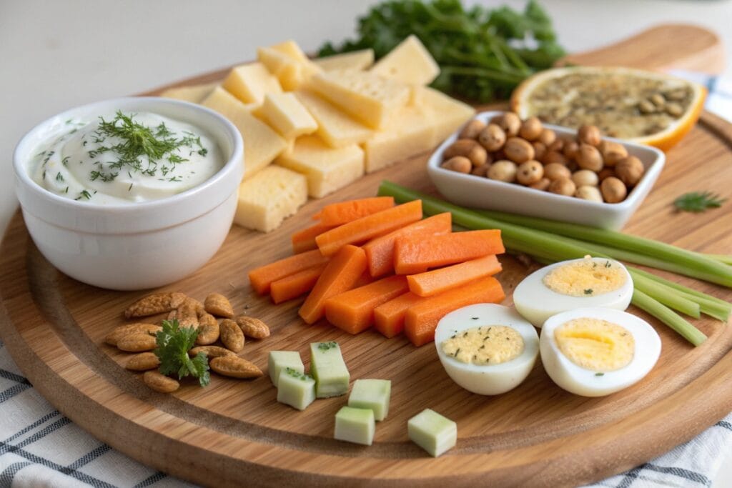 High protein snack board with cheese, yogurt dip, and eggs