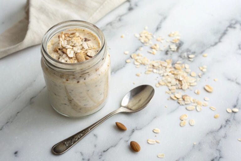 Single jar of high protein overnight oats recipe on marble