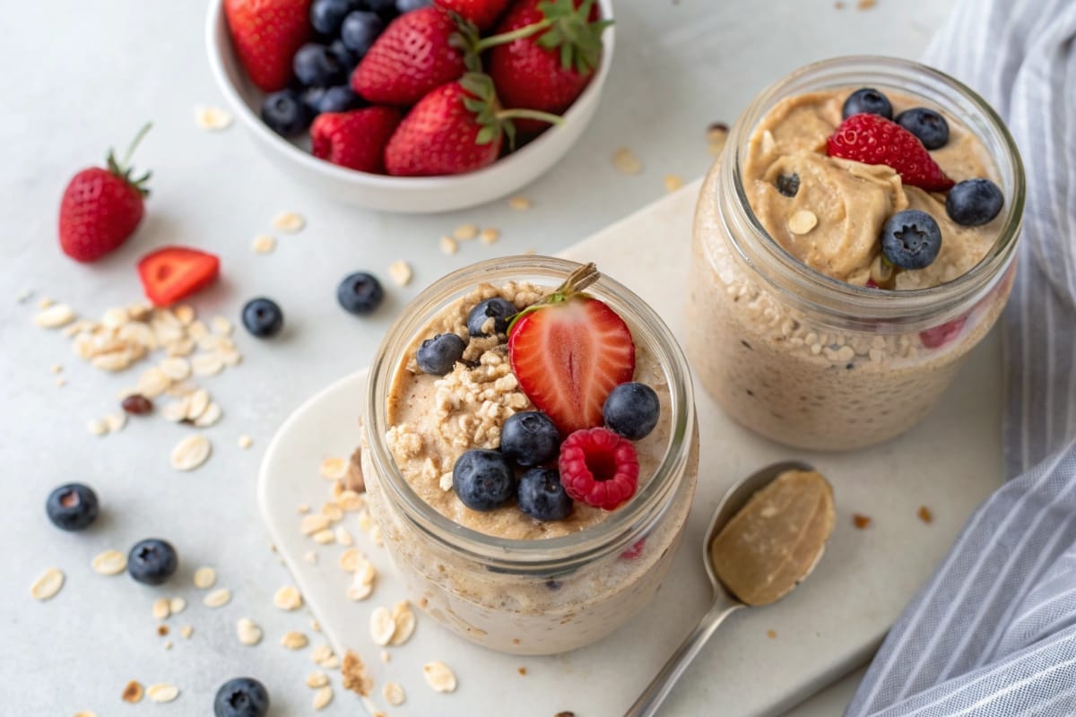 High protein overnight oats recipe in jars with berries