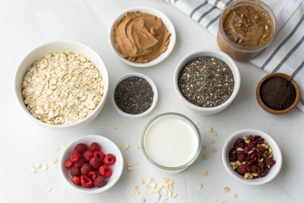 Ingredients for high protein overnight oats recipe on a counter