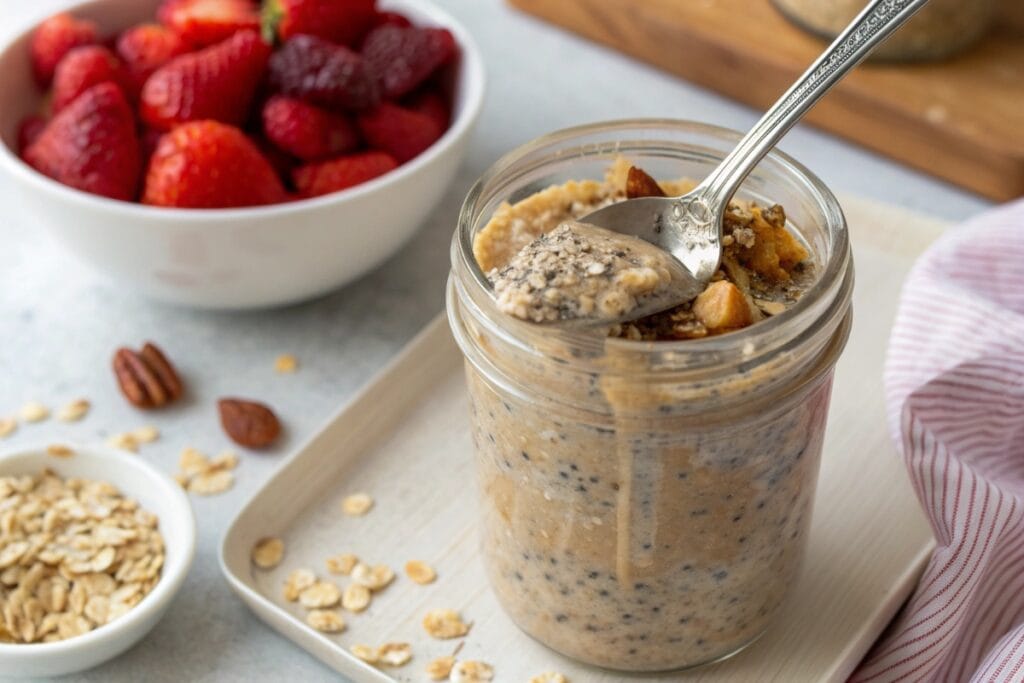 Stirring high protein overnight oats recipe in a glass jar