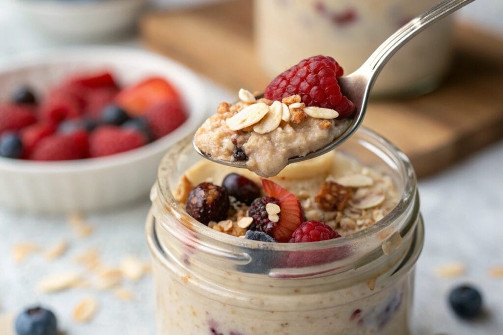 Spoonful of high protein overnight oats recipe with toppings