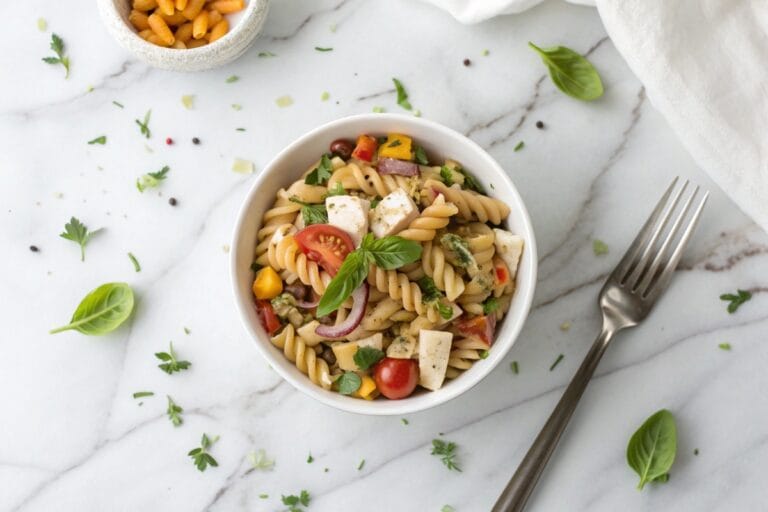 High protein pasta salad in a small white bowl