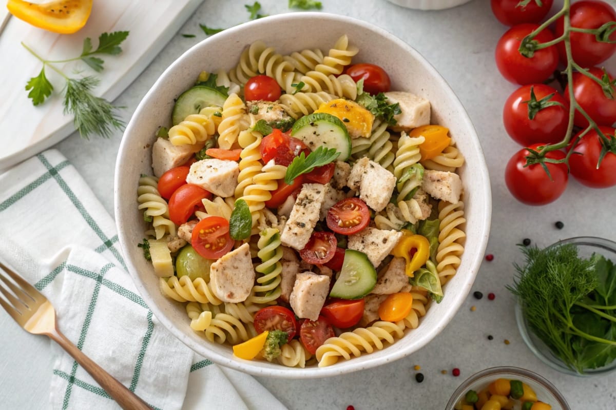 High protein pasta salad in a large serving bowl