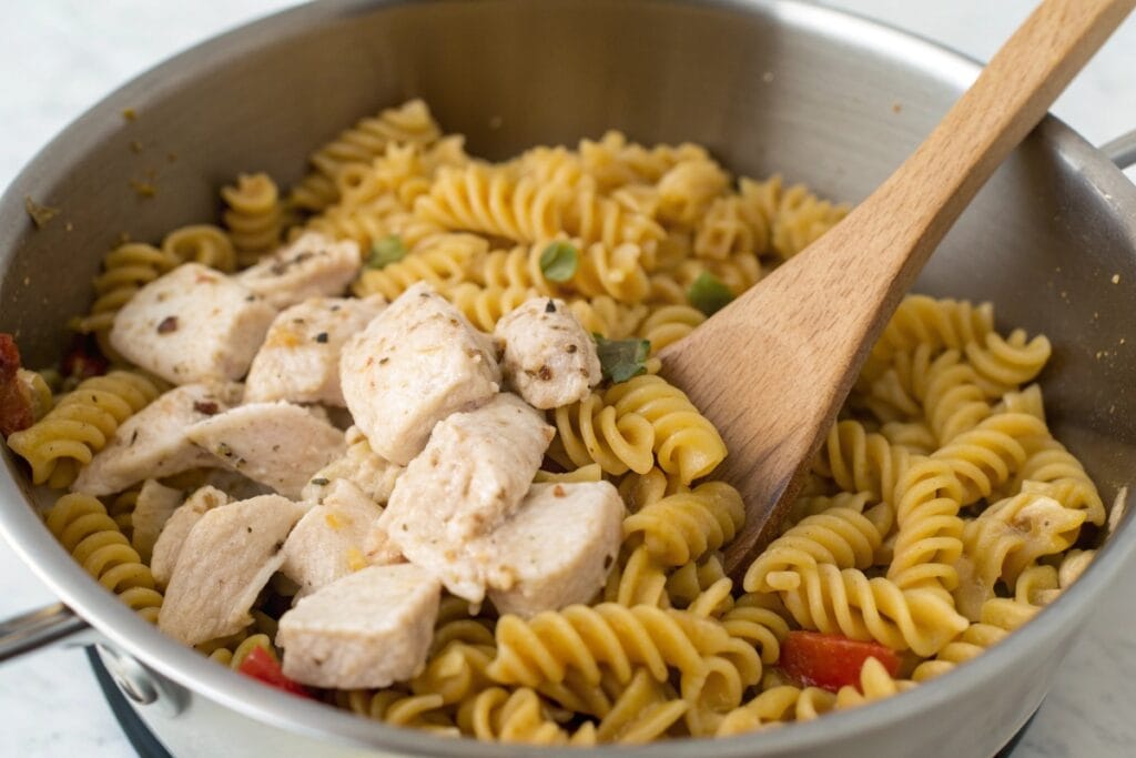 Pasta and chicken for high protein pasta salad