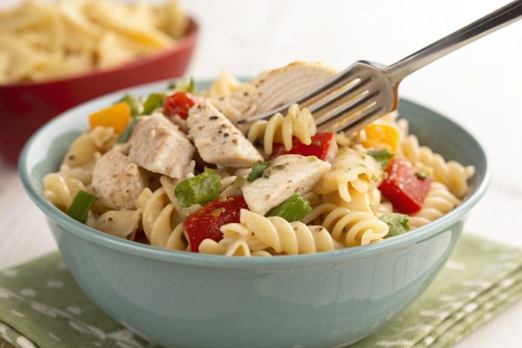 Single serving of high protein pasta salad in a bowl