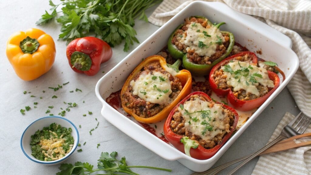 High protein stuffed peppers baked with cheese in a white dish