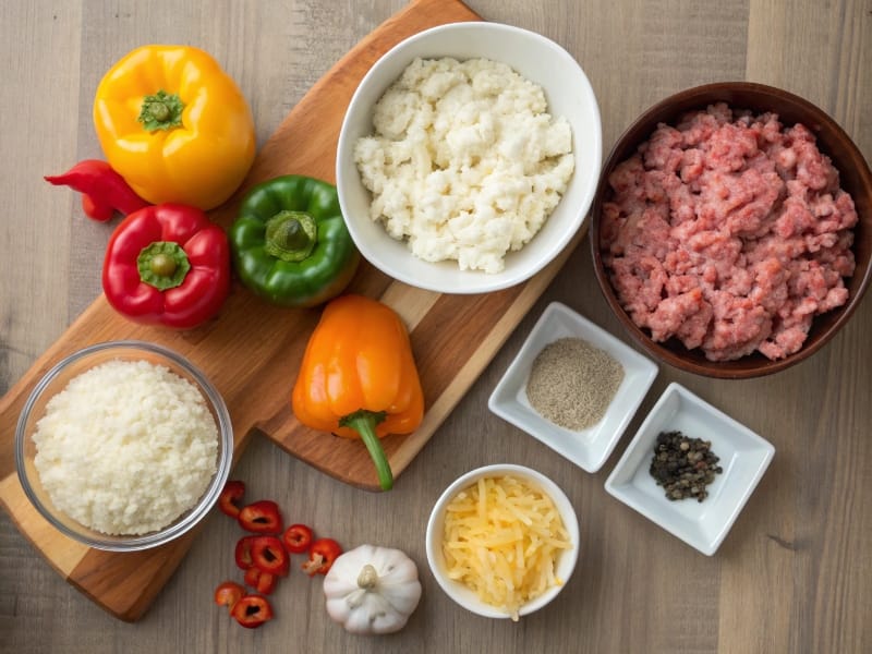 Ingredients for high protein stuffed peppers on a wooden table