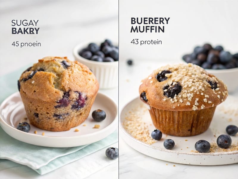 Comparison of a regular bakery blueberry muffin and a smaller high protein blueberry muffin