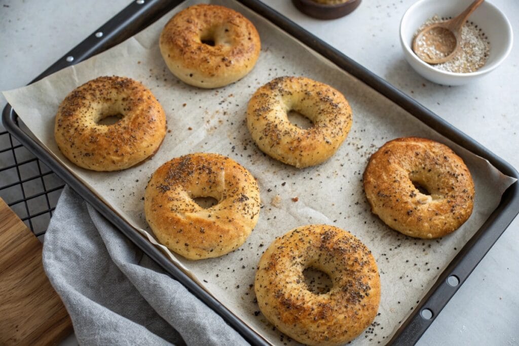 Homemade 3-ingredient keto bagels on a parchment-lined baking sheet