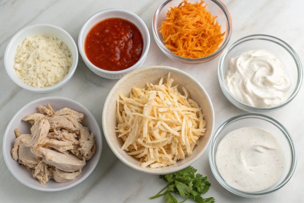 Ingredients for high protein buffalo chicken dip on a counter