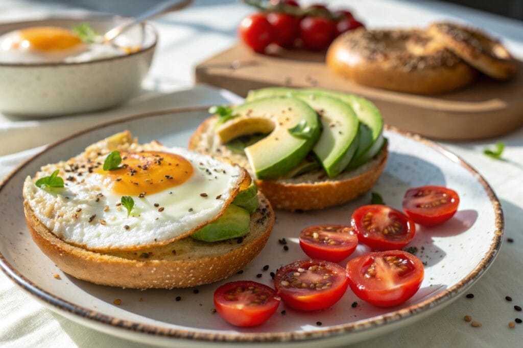 Toasted keto bagel halves with avocado and egg on a plate