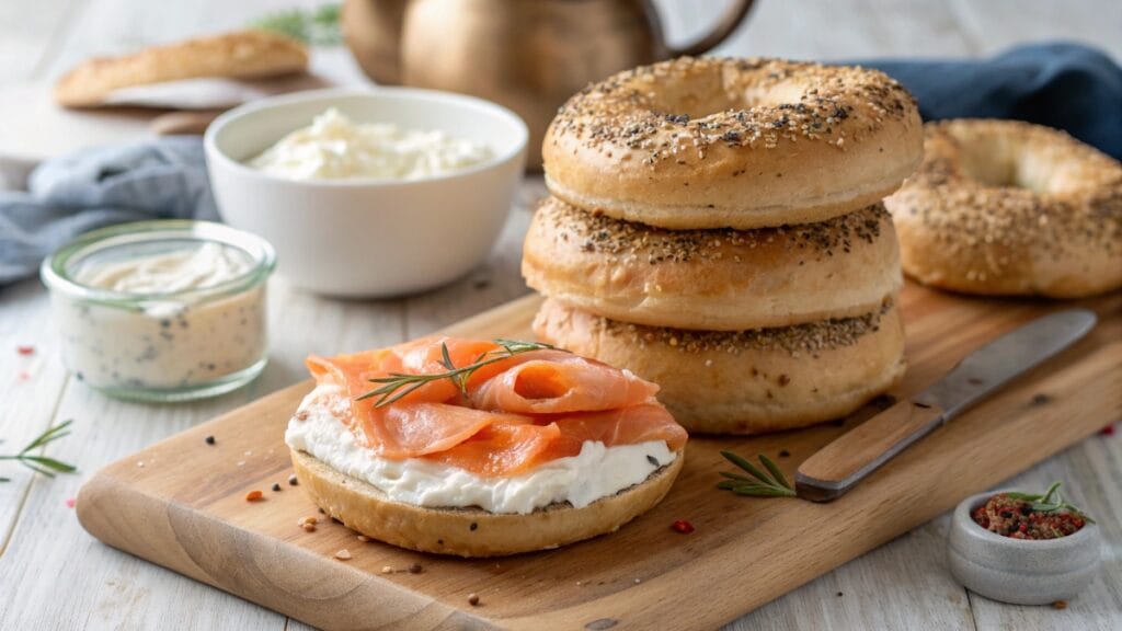 Stack of keto bagels with cream cheese and salmon on a wooden board
