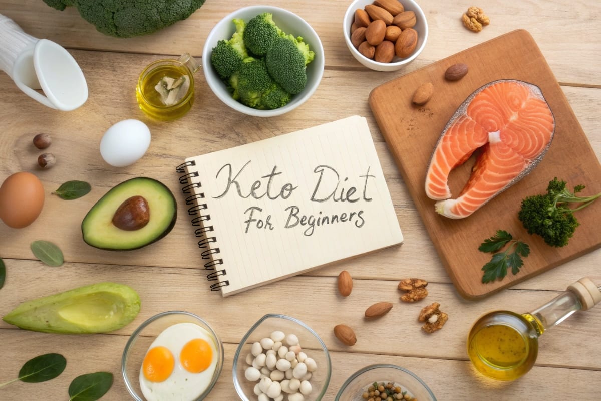 Beginner kitchen table setup for keto diet for beginners with classic low carb foods