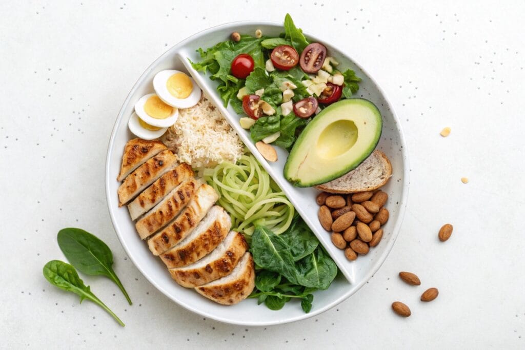 Divided plate comparing keto diet for beginners foods with high carb foods