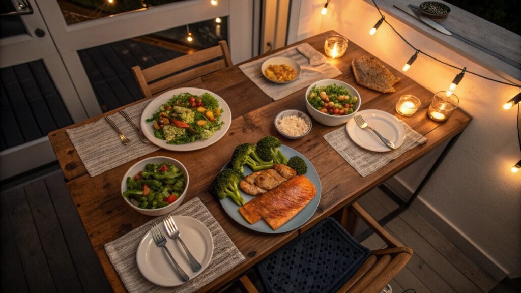 Cozy family table with several keto dinner ideas on colorful plates
