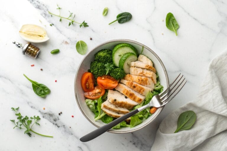 Low calorie high protein meal bowl with chicken and vegetables