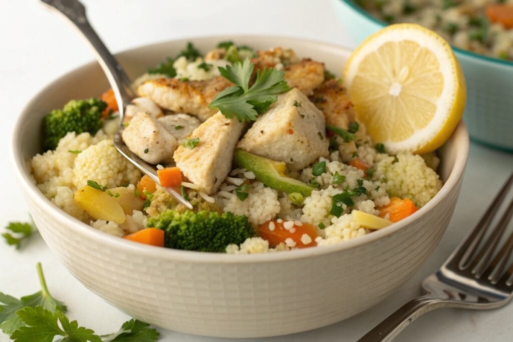 Single serving low calorie high protein chicken and veggie bowl