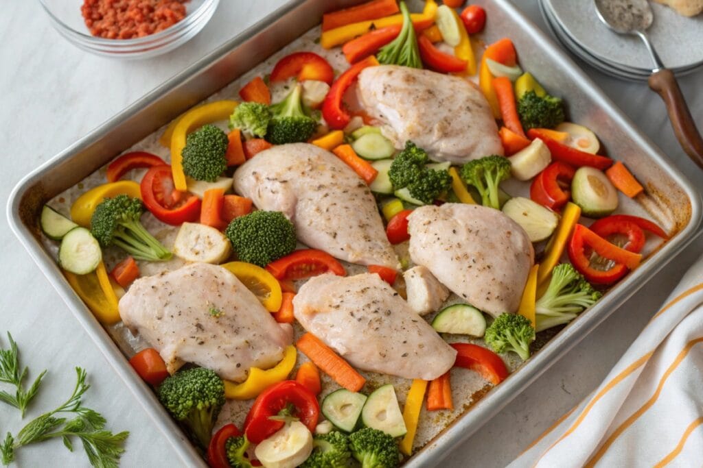 Sheet pan of marinated chicken and vegetables for high protein meal