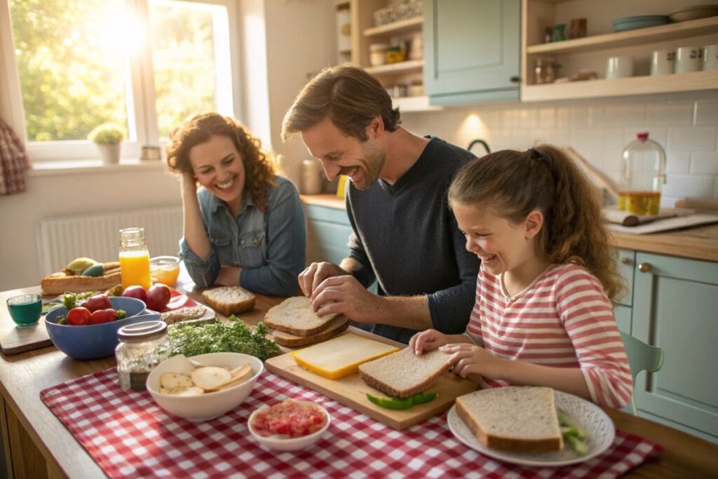 Family making sandwiches together at home