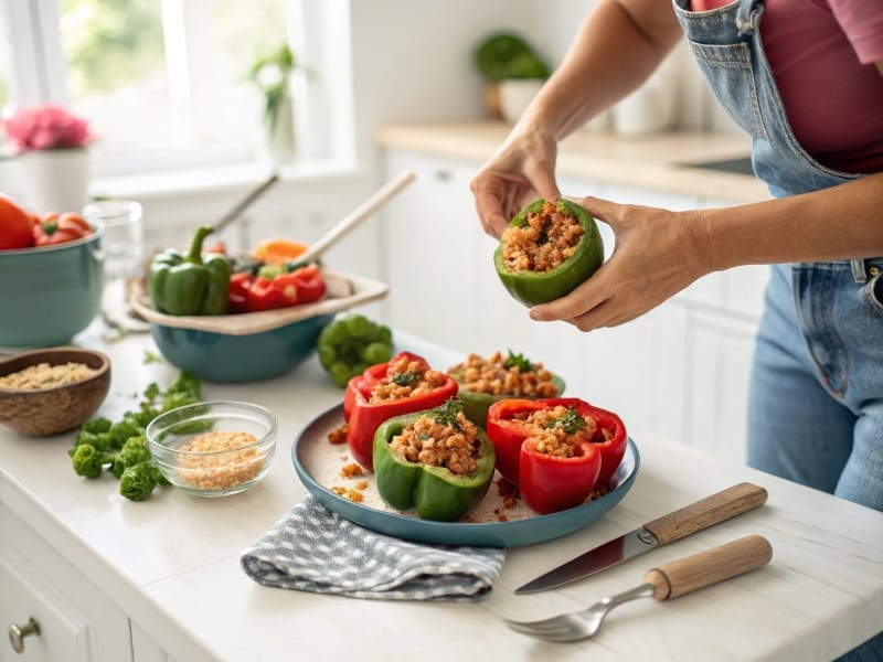 Man stuffing bell peppers with high protein filling in a home kitchen