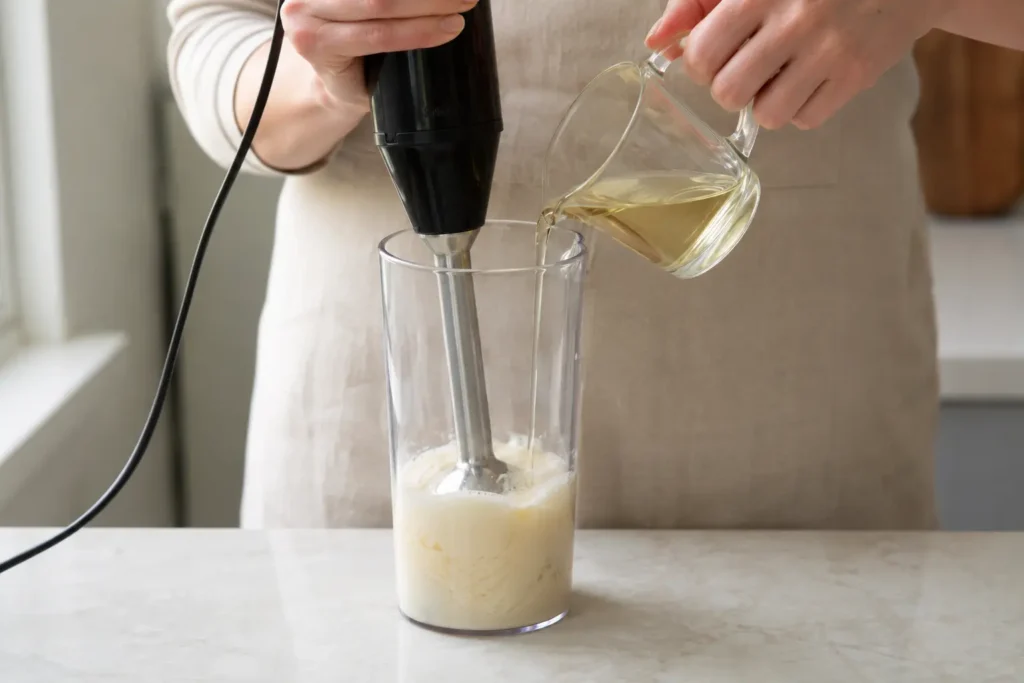 Slowly adding oil while blending aquafaba mayo
