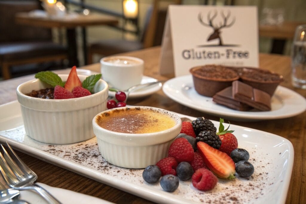 Crème brûlée, chocolate mousse, and berries as naturally gluten-free desserts