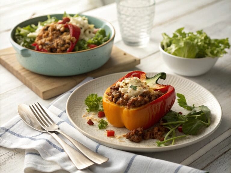 High protein stuffed pepper with salad on a plate
