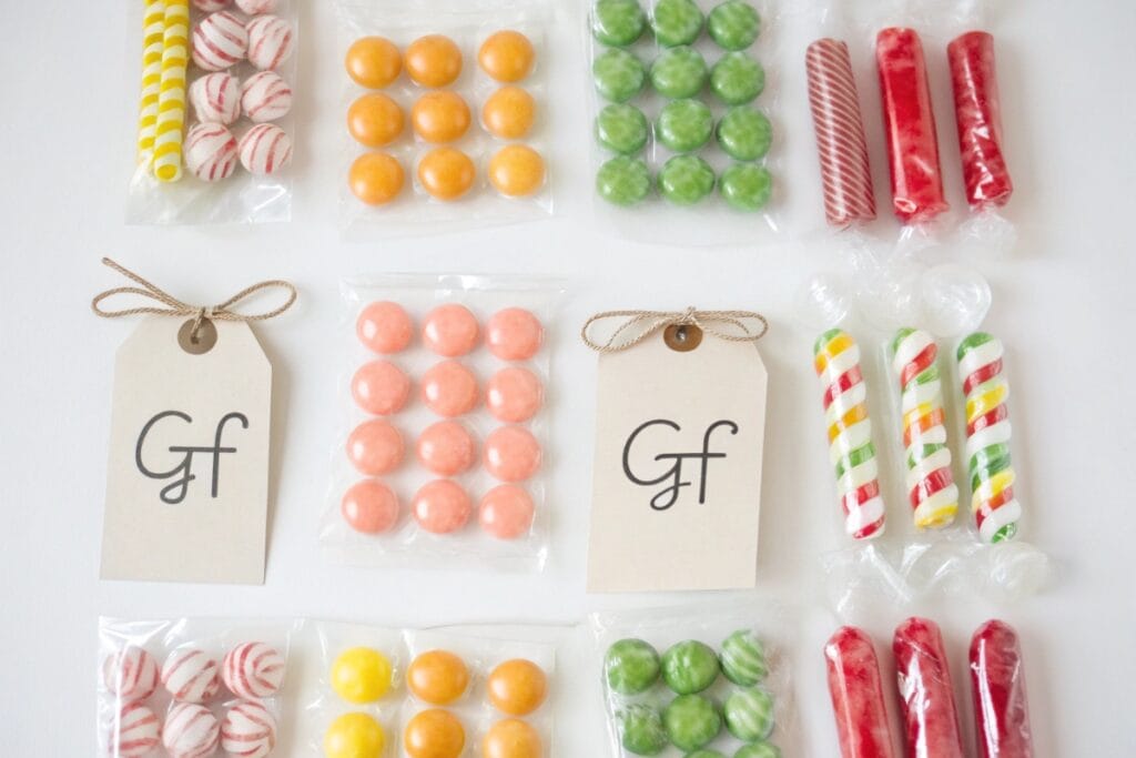 Popular gluten free candy laid out with GF tags