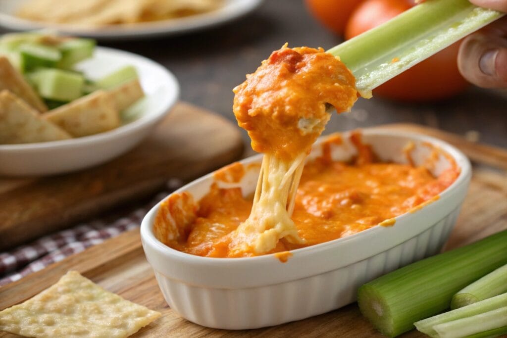 Scoop of high protein buffalo chicken dip on a celery stick