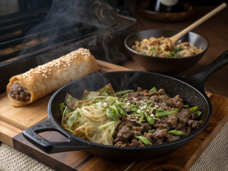 Skillet full of egg roll in a bowl and other keto dinner ideas