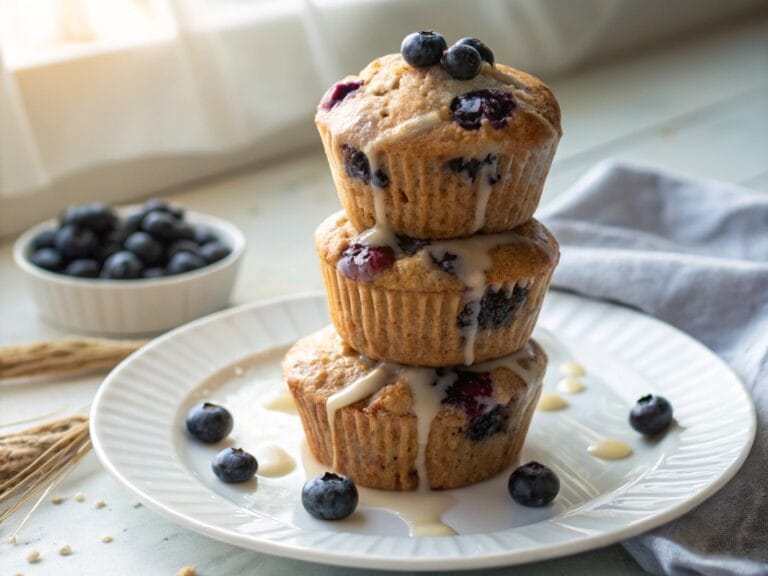 Stack of high protein blueberry muffins with fresh blueberries