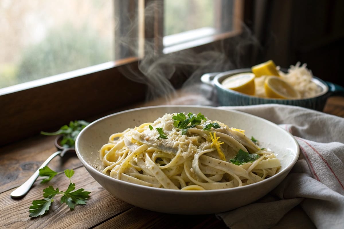 Vegan alfredo sauce recipe tossed with fettuccine