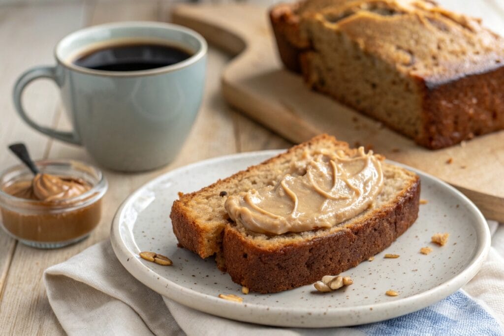 Vegan Banana Bread Recipe: Slice of vegan banana bread with coffee