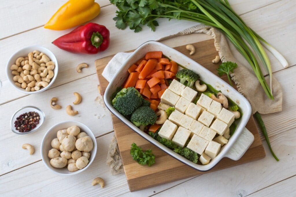 Vegan casserole recipes ingredients on kitchen counter